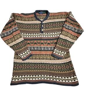 VTG ETCHINGS Fair Isle Knit Henley Sweater Mens Size M Long Sleeve Grandpa Aztec